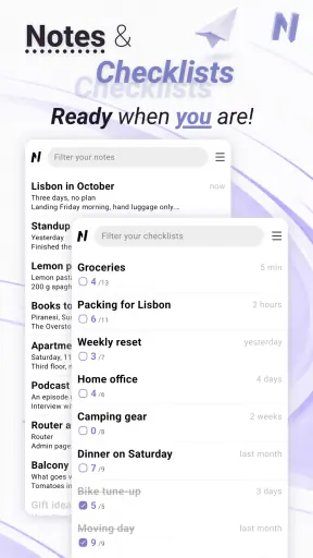 The notes list and the checklists list side by side, each with timestamps and progress.