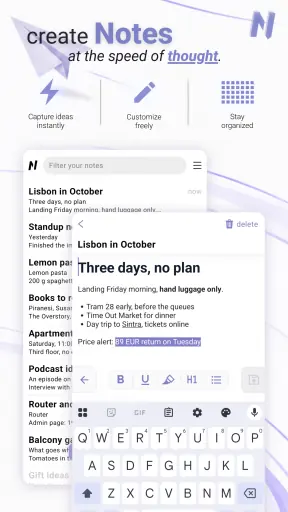 An open note with a heading, bold text, bullet points and a highlight, plus the formatting toolbar.