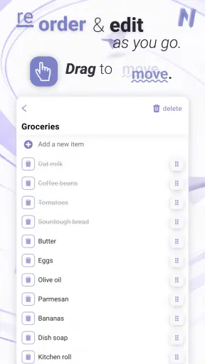 The same list in edit mode: every item has a handle for reordering.