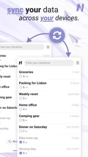 The same checklists on two devices, syncing between them.