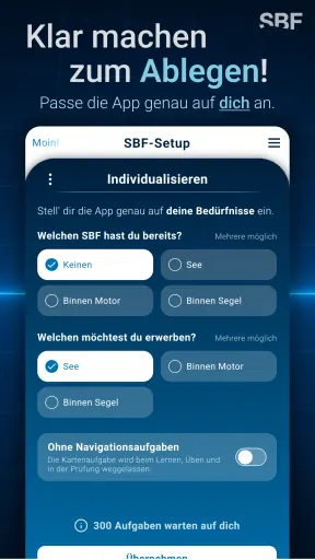 The setup screen: choosing which boating licence you already hold and which one you want to earn.